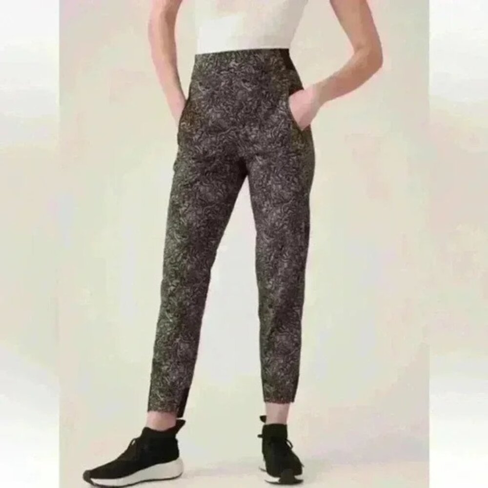 Athleta Abstract Marble Print Joggers Blue Tan Black High Rise Zip Pocket Sz 14